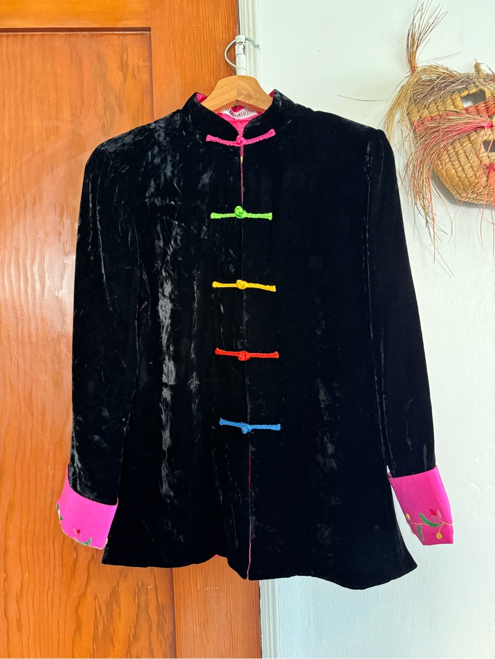 Vintage Black Velvet Mandarin Collar Jacket with Pink Cuffs